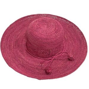 NWOT Flora Bella Crochet Rafia Straw Wide Brimmed Sun Hat Pink
